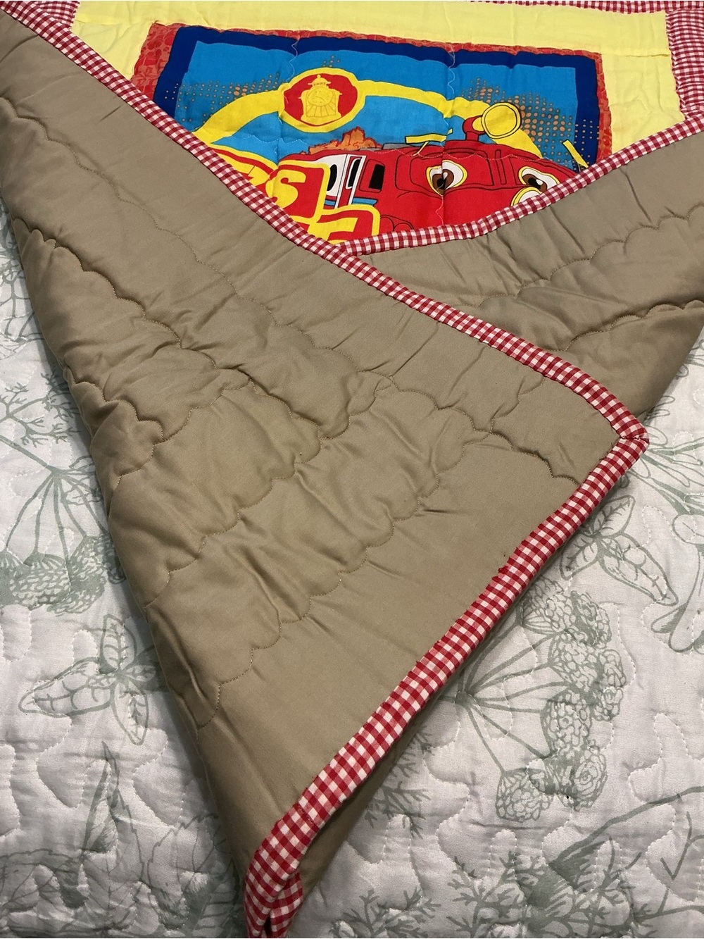 Children's "Let's Ride the Rails" Train Quilted Throw - Red, Blue & Yellow - Picture 3 of 3